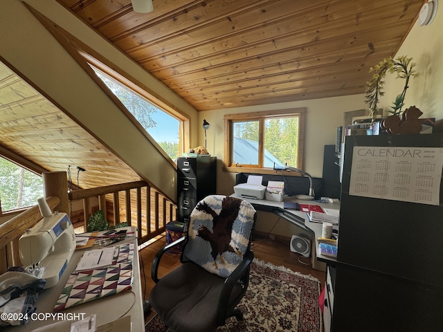 34335 Keystone Dr, Soldotna, AK 99669 - home office featuring wooden ceiling, vaulted ceiling, and wood finished floors
