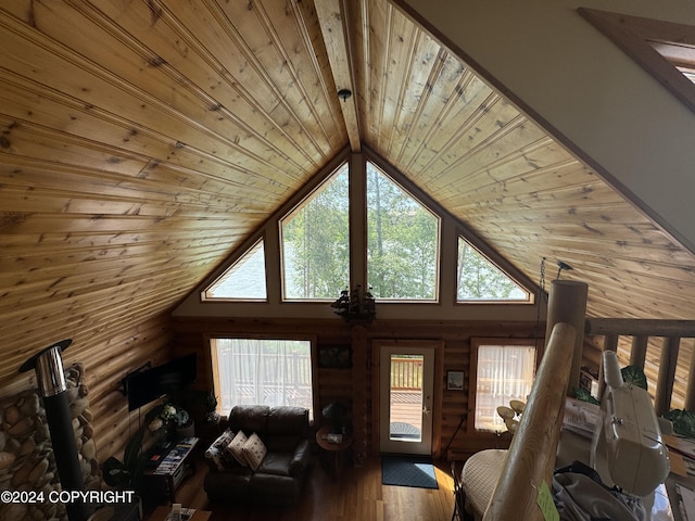 34335 Keystone Dr, Soldotna, AK 99669 - living area with wood ceiling, wood finished floors, high vaulted ceiling, healthy amount of natural light, and log walls
