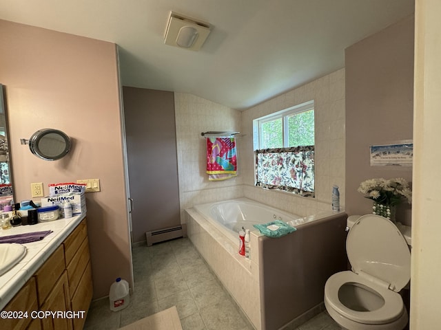 34335 Keystone Dr, Soldotna, AK 99669 - bathroom with baseboard heating, vanity, a garden tub, tile patterned flooring, and lofted ceiling