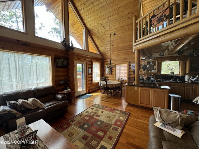 34335 Keystone Dr, Soldotna, AK 99669 - living room featuring rustic walls, high vaulted ceiling, light wood finished floors, and wooden ceiling