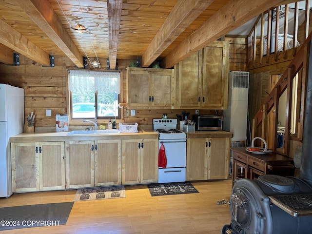 34335 Keystone Dr, Soldotna, AK 99669 - kitchen featuring white appliances, a wood ceiling with exposed beams, light wood-style floors, light brown cabinetry, and wood walls
