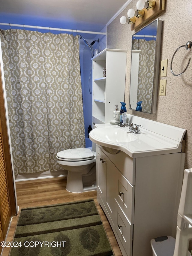 34335 Keystone Dr, Soldotna, AK 99669 - bathroom featuring wood finished floors, vanity, and a shower with shower curtain