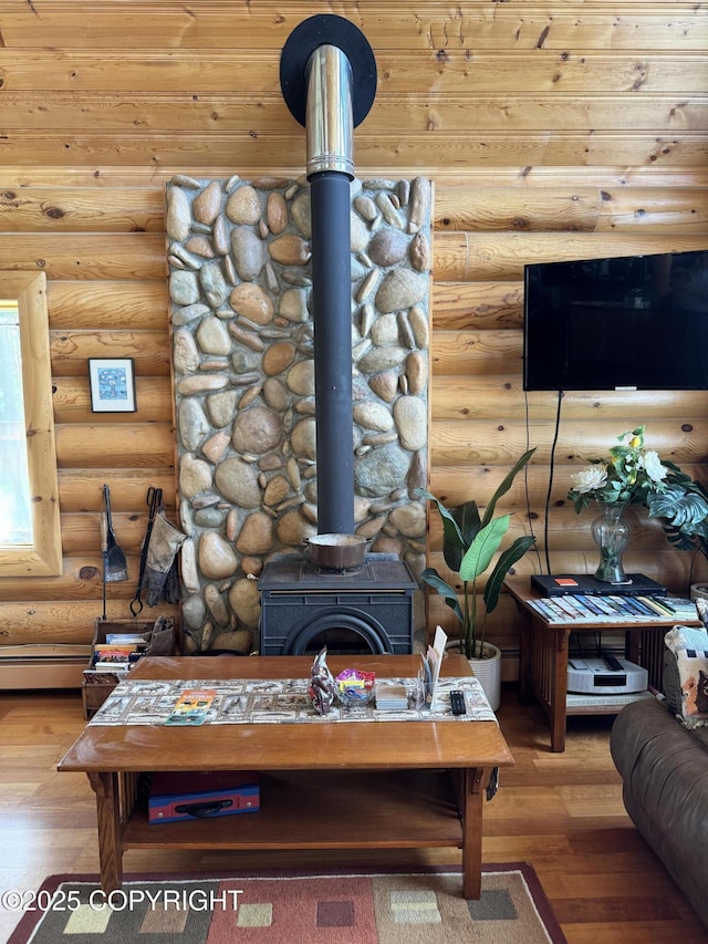 34335 Keystone Dr, Soldotna, AK 99669 - detailed view of a wood stove, wood finished floors, and rustic walls