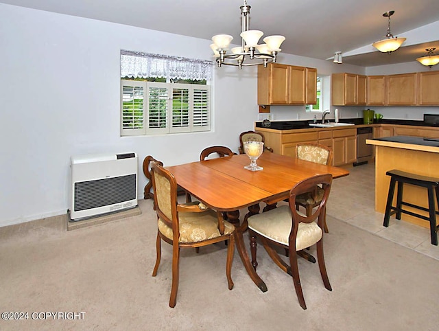 dining room featuring heating unit, light tile patterned floors, and a chandelier