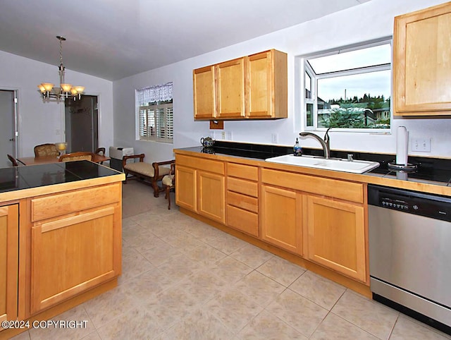 kitchen with tile countertops, an inviting chandelier, lofted ceiling, a sink, and dishwasher