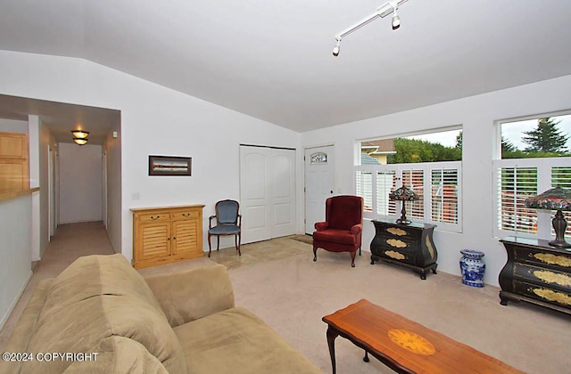 living room with vaulted ceiling, light colored carpet, and track lighting