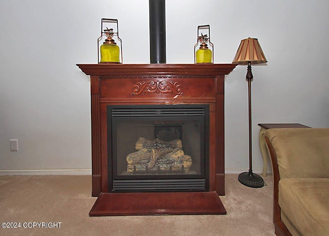 room details featuring baseboards, carpet floors, and a glass covered fireplace