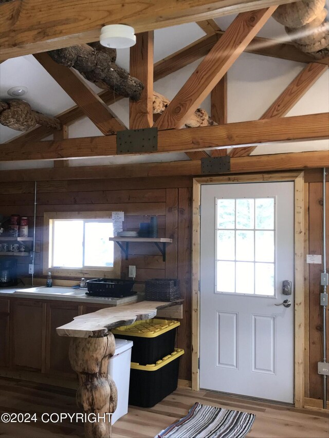 interior space with hardwood / wood-style flooring, wood walls, and sink