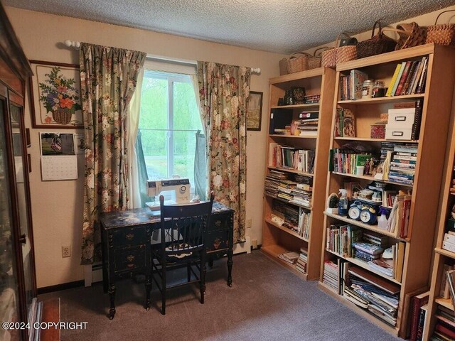 office space with dark carpet and a textured ceiling