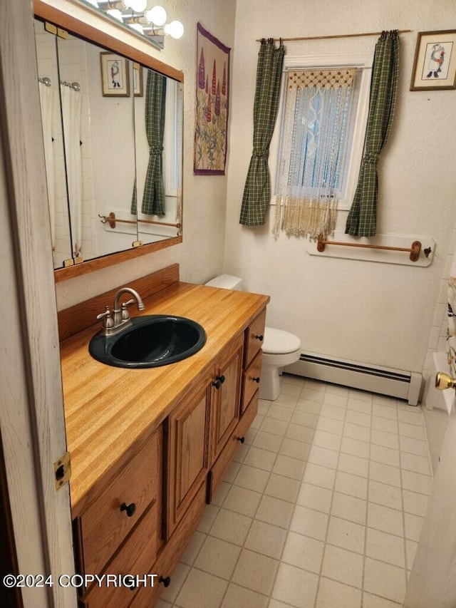 full bathroom featuring independent shower and bath, vanity, toilet, and a baseboard radiator