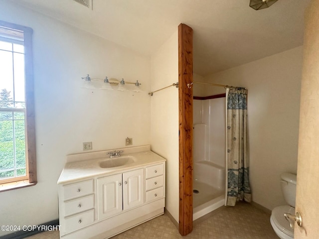 bathroom with vanity, toilet, and a shower with shower curtain