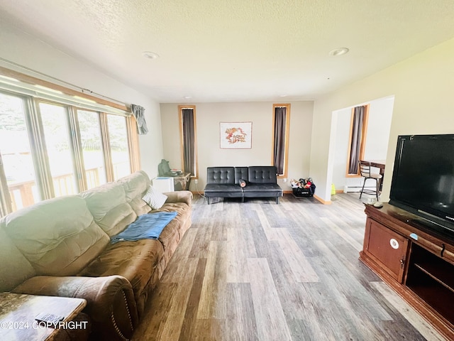 living room featuring light hardwood / wood-style flooring and a textured ceiling