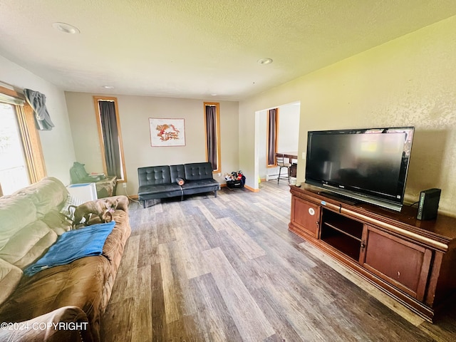 living room featuring a textured ceiling and light wood-type flooring