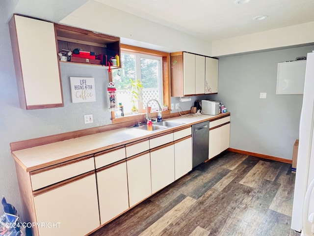 kitchen with sink, stainless steel dishwasher, dark hardwood / wood-style flooring, white fridge, and white cabinets