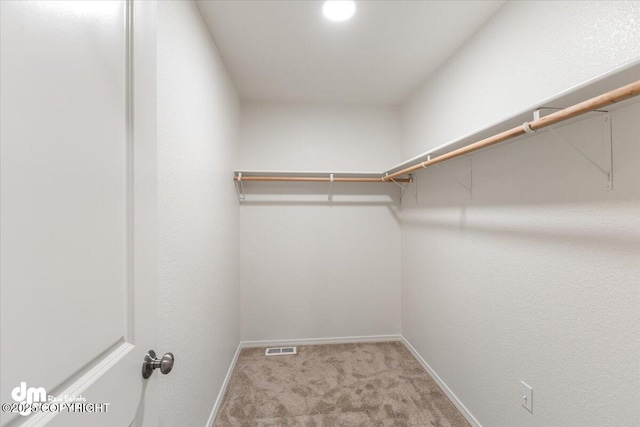 walk in closet featuring light colored carpet