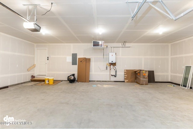 garage featuring a garage door opener, electric panel, and water heater