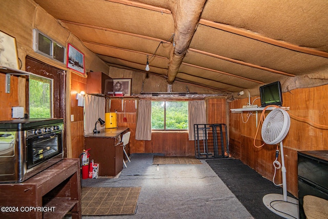 miscellaneous room with vaulted ceiling and wooden walls