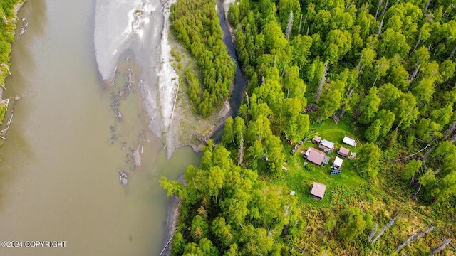 bird's eye view with a water view