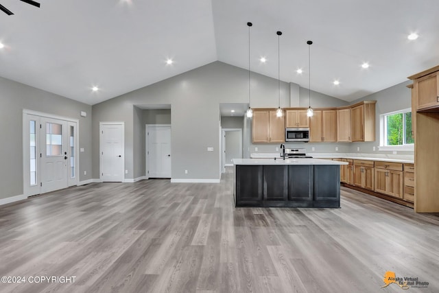 kitchen featuring light hardwood / wood-style flooring, decorative light fixtures, stainless steel appliances, high vaulted ceiling, and a center island with sink