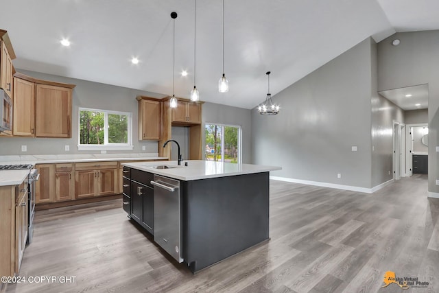 kitchen with decorative light fixtures, a kitchen island with sink, appliances with stainless steel finishes, plenty of natural light, and a chandelier