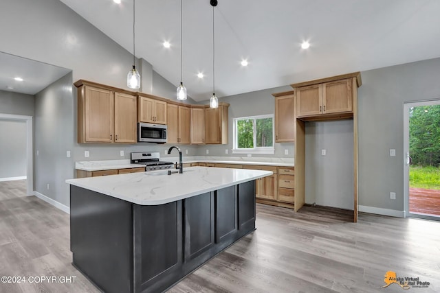 kitchen with pendant lighting, light wood-type flooring, light stone countertops, an island with sink, and stainless steel appliances