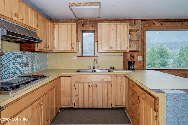 kitchen with stainless steel gas cooktop, sink, and light brown cabinetry