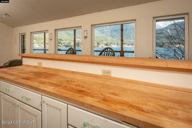 interior space featuring a water view, plenty of natural light, and wooden counters