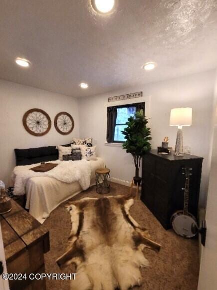 bedroom with a textured ceiling and carpet floors