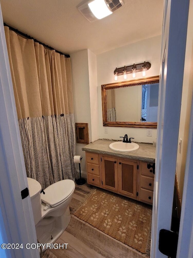 bathroom with wood-type flooring, vanity, and toilet