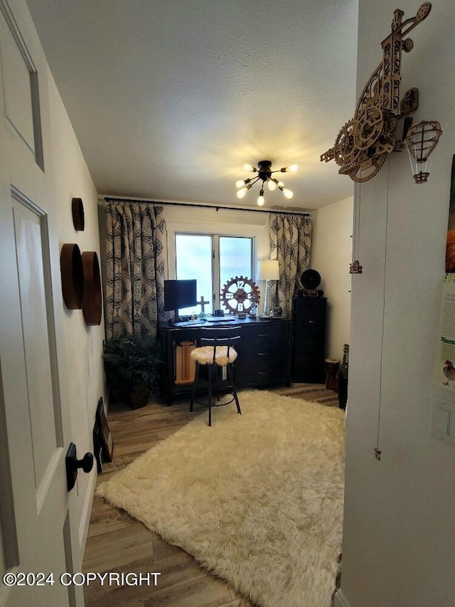 home office featuring a textured ceiling and hardwood / wood-style flooring