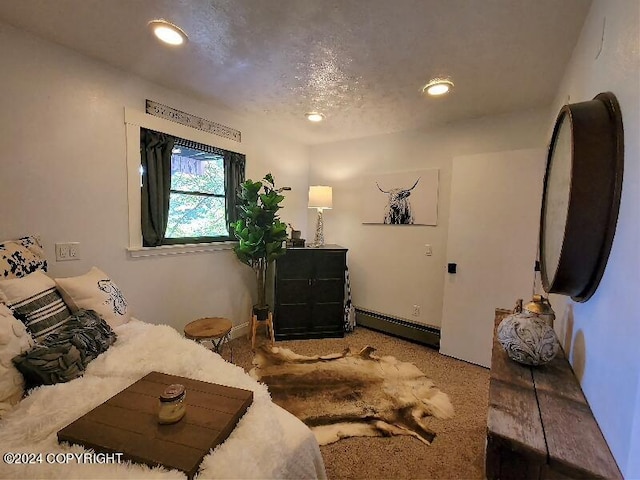 living room featuring carpet floors, a textured ceiling, and baseboard heating