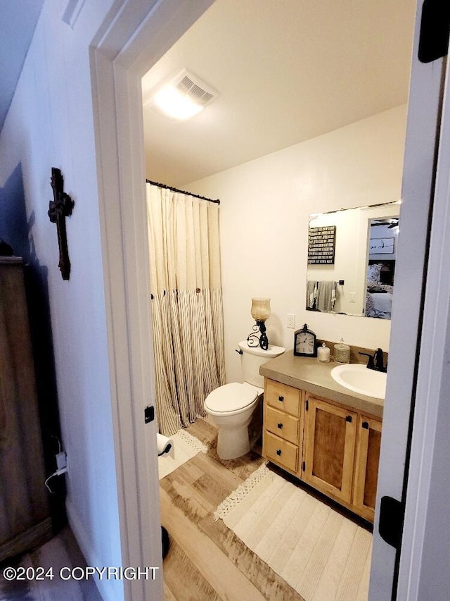 bathroom featuring curtained shower, wood-type flooring, vanity, and toilet