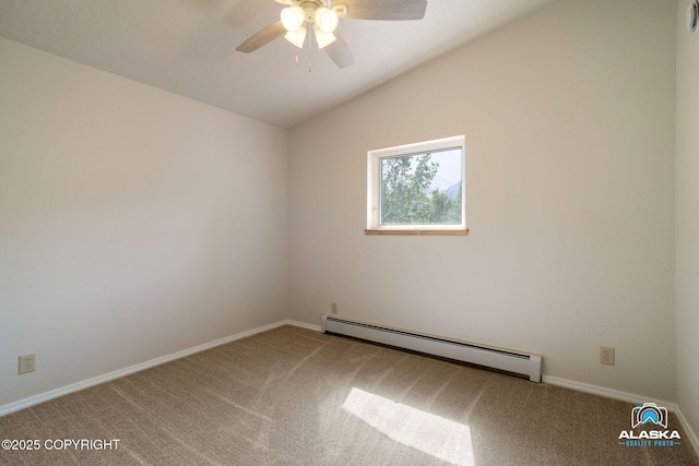 4477 Panther Dr, Eagle River, AK 99577 - spare room featuring baseboard heating, carpet, a ceiling fan, lofted ceiling, and baseboards