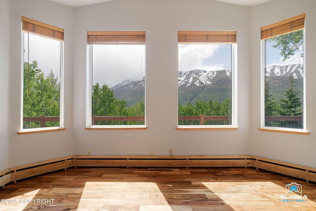 4477 Panther Dr, Eagle River, AK 99577 - unfurnished room featuring plenty of natural light, wood finished floors, a mountain view, and a baseboard heating unit