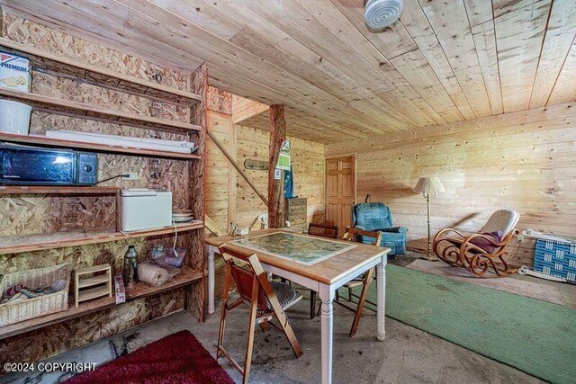 interior space featuring wooden walls and wood ceiling