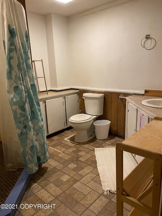 full bathroom featuring vanity, a shower stall, toilet, and wainscoting