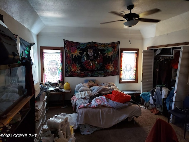 bedroom featuring a closet, multiple windows, carpet flooring, and vaulted ceiling