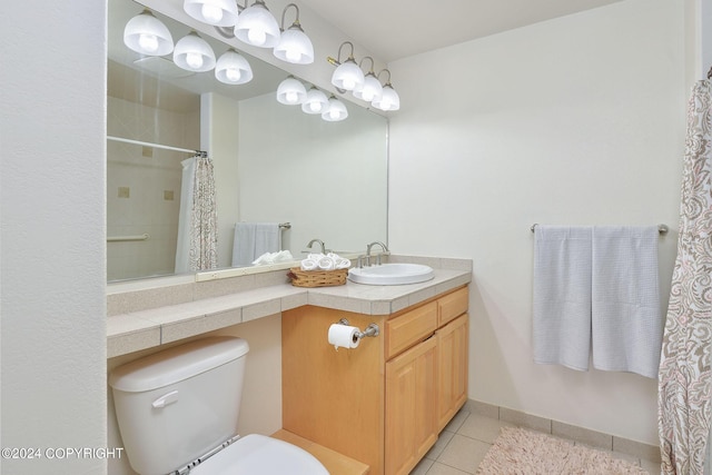 bathroom with vanity, a shower with shower curtain, tile patterned floors, and toilet