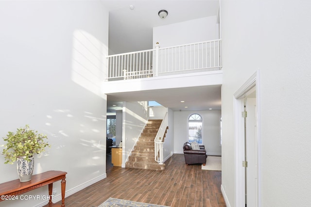 entrance foyer featuring a towering ceiling and dark hardwood / wood-style flooring