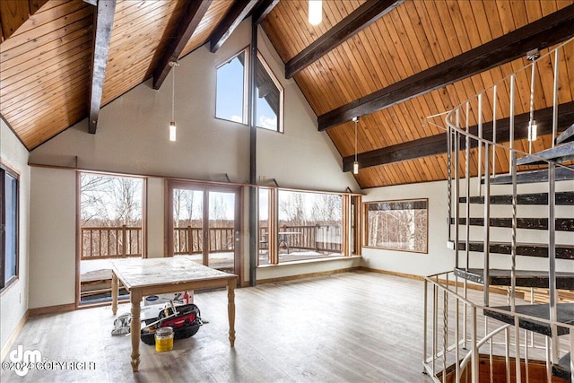 interior space with wood ceiling, beamed ceiling, and wood finished floors