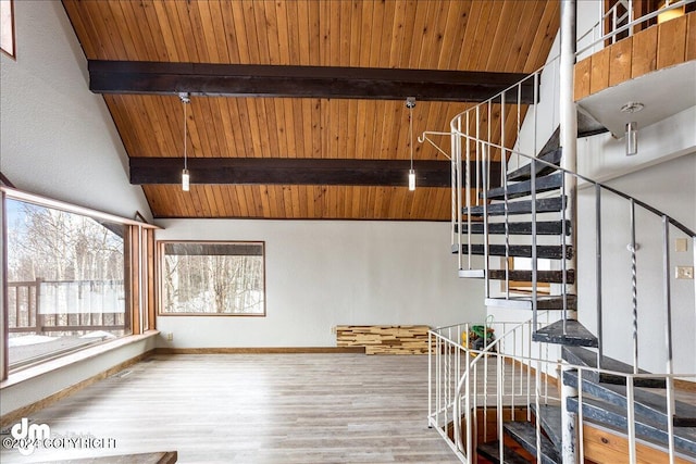 stairway with wood ceiling, wood-type flooring, and lofted ceiling with beams