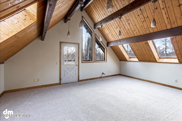 bonus room with wood ceiling, carpet flooring, and vaulted ceiling with skylight