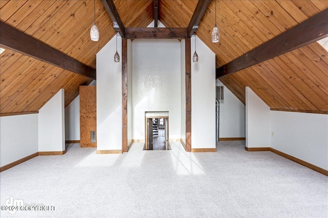 bonus room with light carpet, vaulted ceiling with beams, and wooden ceiling