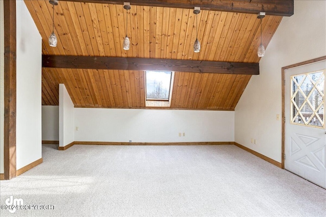 bonus room with light carpet, lofted ceiling with skylight, baseboards, and wooden ceiling