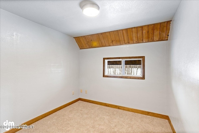 spare room featuring lofted ceiling, a textured ceiling, baseboards, and carpet flooring