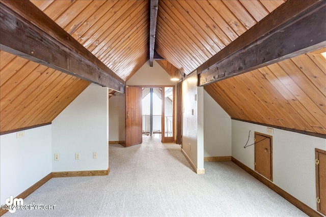 bonus room featuring vaulted ceiling with beams, light carpet, and wooden ceiling