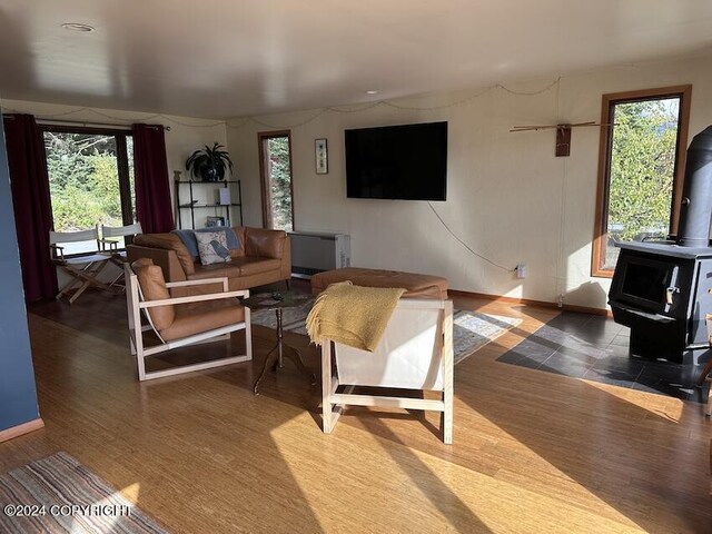 living room with a wood stove, wood-type flooring, and plenty of natural light