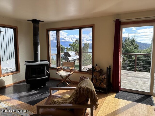 living room featuring wood-type flooring, a mountain view, and a wood stove