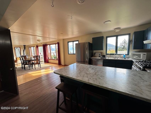 kitchen with a breakfast bar, hardwood / wood-style floors, stainless steel appliances, and plenty of natural light