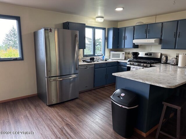 kitchen featuring blue cabinets, appliances with stainless steel finishes, kitchen peninsula, and dark hardwood / wood-style flooring